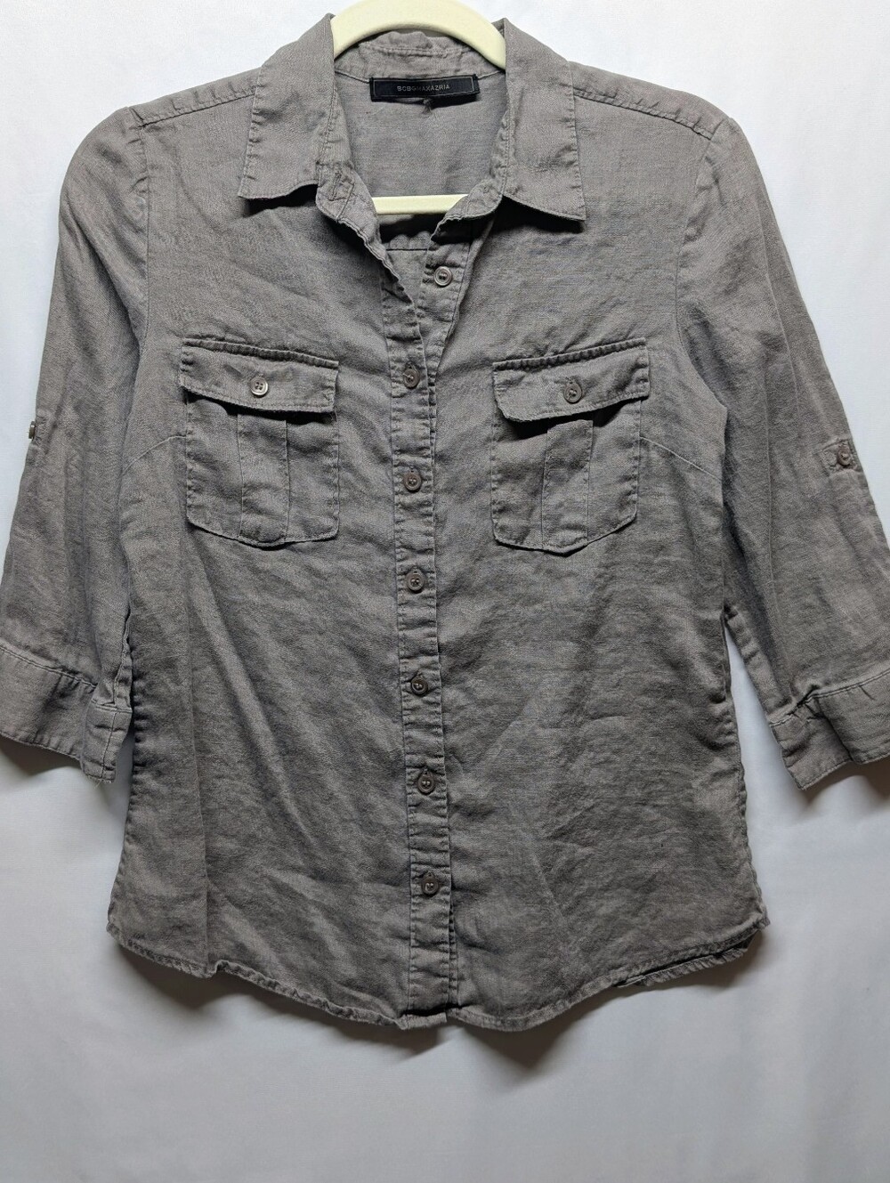 662-BCBGMAXAZRIA Linen Gray Button-Front Utility Shirt - Gray